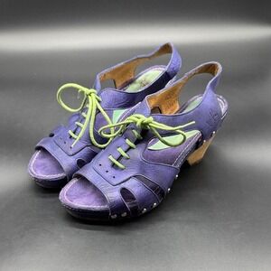 John Fluevog Purple Leather Lace Up Wedge Sandals Green Accents Women 6.5 633033
